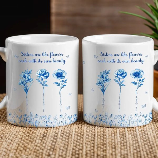 Sisterhood Mug with Names and Flowers Personalized Floral Gift for Sister or Best Friend