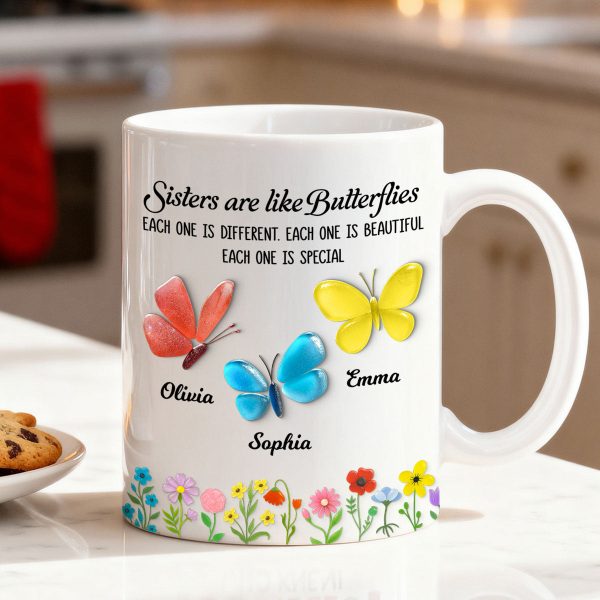Sisters Are Like Butterflies 3D Effect Sea Glass - Personalized Mug - Christmas Gift for Sisters, Siblings Sisters Are Like Butterflies 3D Effect Sea Glass - Personalized Mug - Christmas Gift for Sisters, Siblings