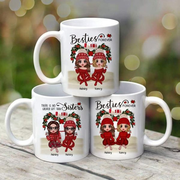 Sitting On Bed Christmas Doll Best Friends Sisters Personalized Mug Sitting On Bed Christmas Doll Best Friends Sisters Personalized Mug