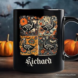 Skeleton Goose Patchwork Personalized Mug, Floral Halloween Gift with Custom Name