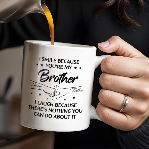 Smile And Laugh Brother Quote With Linked Hands Design - Personalized Custom Coffee Mug - FAM288_MG Smile And Laugh Brother Quote With Linked Hands Design - Personalized Custom Coffee Mug - FAM288_MG