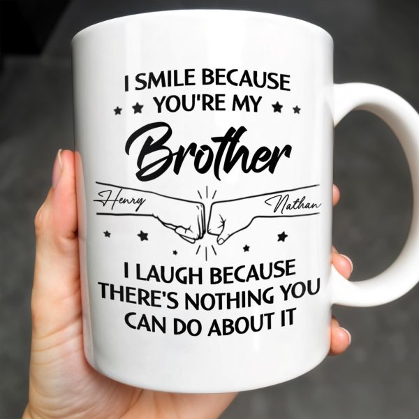 Smile And Laugh Brother Quote With Linked Hands Design - Personalized Custom Coffee Mug - FAM288_MG Smile And Laugh Brother Quote With Linked Hands Design - Personalized Custom Coffee Mug - FAM288_MG