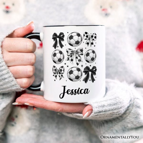 Soccer Balls Coquette Bows Personalized Mug, Sports Mom Tee Gift with Custom Name Soccer Balls Coquette Bows Personalized Mug, Sports Mom Tee Gift with Custom Name