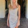 Sparkly Crisscross Backless Cowl Neck Sequin Mini Dress - Champagne