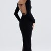 Sparkly Crystal Embellished Tie Neck Long Sleeve Formal Maxi Dress - Black Sparkly Crystal Embellished Tie Neck Long Sleeve Formal Maxi Dress - Black