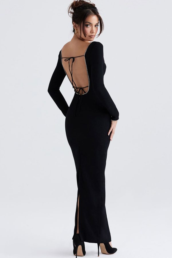 Sparkly Crystal Embellished Tie Neck Long Sleeve Formal Maxi Dress - Black Sparkly Crystal Embellished Tie Neck Long Sleeve Formal Maxi Dress - Black
