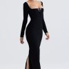 Sparkly Crystal Embellished Tie Neck Long Sleeve Formal Maxi Dress - Black Sparkly Crystal Embellished Tie Neck Long Sleeve Formal Maxi Dress - Black