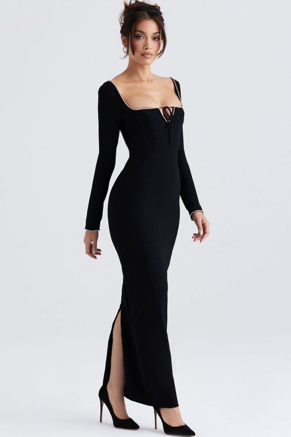 Sparkly Crystal Embellished Tie Neck Long Sleeve Formal Maxi Dress - Black Sparkly Crystal Embellished Tie Neck Long Sleeve Formal Maxi Dress - Black