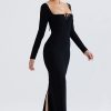Sparkly Crystal Embellished Tie Neck Long Sleeve Formal Maxi Dress - Black Sparkly Crystal Embellished Tie Neck Long Sleeve Formal Maxi Dress - Black
