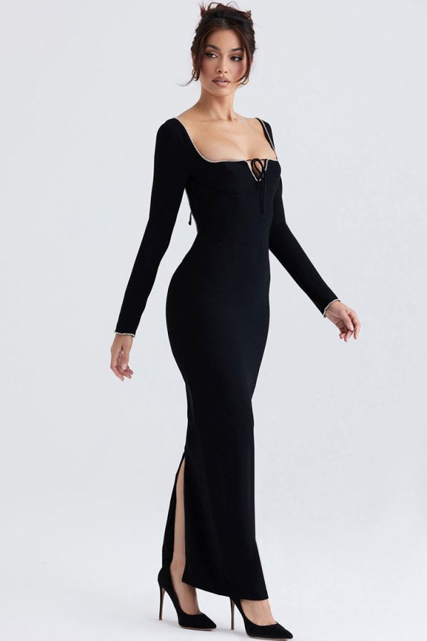 Sparkly Crystal Embellished Tie Neck Long Sleeve Formal Maxi Dress - Black Sparkly Crystal Embellished Tie Neck Long Sleeve Formal Maxi Dress - Black