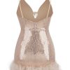 Sparkly Halter Neck Spaghetti Strap Feather Trim Sequin Party Mini Dress - Pink Sparkly Halter Neck Spaghetti Strap Feather Trim Sequin Party Mini Dress - Pink