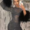 Sparkly Rhinestone Fishnet Feather Sleeve Long Sleeve Sheer Mini Dress - Black Sparkly Rhinestone Fishnet Feather Sleeve Long Sleeve Sheer Mini Dress - Black
