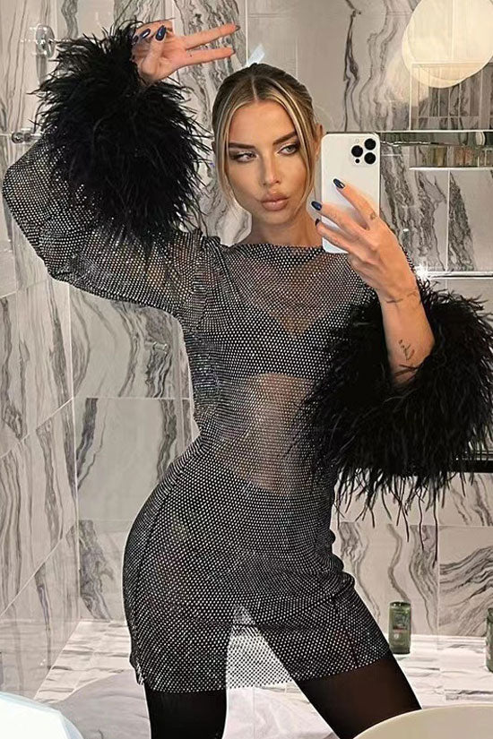 Sparkly Rhinestone Fishnet Feather Sleeve Long Sleeve Sheer Mini Dress - Black Sparkly Rhinestone Fishnet Feather Sleeve Long Sleeve Sheer Mini Dress - Black