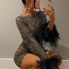 Sparkly Rhinestone Fishnet Feather Sleeve Long Sleeve Sheer Mini Dress - Black Sparkly Rhinestone Fishnet Feather Sleeve Long Sleeve Sheer Mini Dress - Black