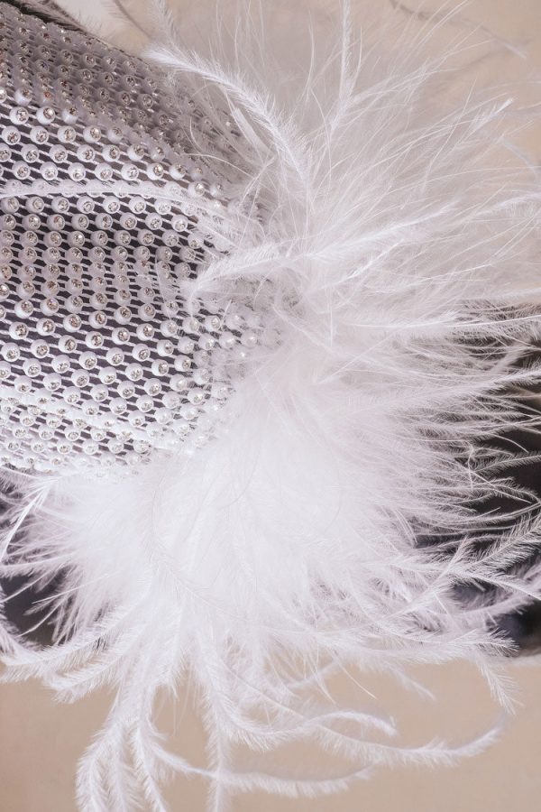 Sparkly Rhinestone Fishnet Feather Sleeve Long Sleeve Sheer Mini Dress - White Sparkly Rhinestone Fishnet Feather Sleeve Long Sleeve Sheer Mini Dress - White