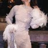 Sparkly Rhinestone Fishnet Feather Sleeve Long Sleeve Sheer Mini Dress - White Sparkly Rhinestone Fishnet Feather Sleeve Long Sleeve Sheer Mini Dress - White