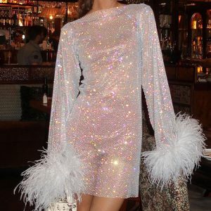 Sparkly Rhinestone Fishnet Feather Sleeve Long Sleeve Sheer Mini Dress - White