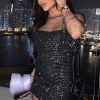 Sparkly Rhinestone Long Sleeve Fishnet Sheer Club Mini Dress - Black Sparkly Rhinestone Long Sleeve Fishnet Sheer Club Mini Dress - Black