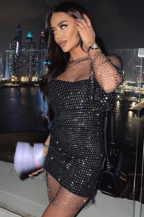 Sparkly Rhinestone Long Sleeve Fishnet Sheer Club Mini Dress - Black Sparkly Rhinestone Long Sleeve Fishnet Sheer Club Mini Dress - Black