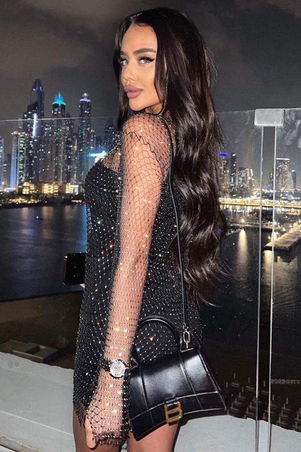 Sparkly Rhinestone Long Sleeve Fishnet Sheer Club Mini Dress - Black Sparkly Rhinestone Long Sleeve Fishnet Sheer Club Mini Dress - Black