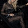 Sparkly Rhinestone Round Neck Long Sleeve Split Sheer Mesh Maxi Dress - Black Sparkly Rhinestone Round Neck Long Sleeve Split Sheer Mesh Maxi Dress - Black