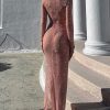 Sparkly Rhinestone Round Neck Long Sleeve Split Sheer Mesh Maxi Dress - Pink