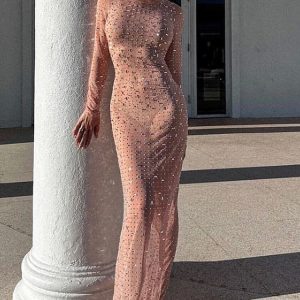 Sparkly Rhinestone Round Neck Long Sleeve Split Sheer Mesh Maxi Dress - Pink
