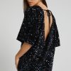Sparkly Sequin Crew Neck Short Sleeve Oversized Velvet Party Mini Dress - Black Sparkly Sequin Crew Neck Short Sleeve Oversized Velvet Party Mini Dress - Black