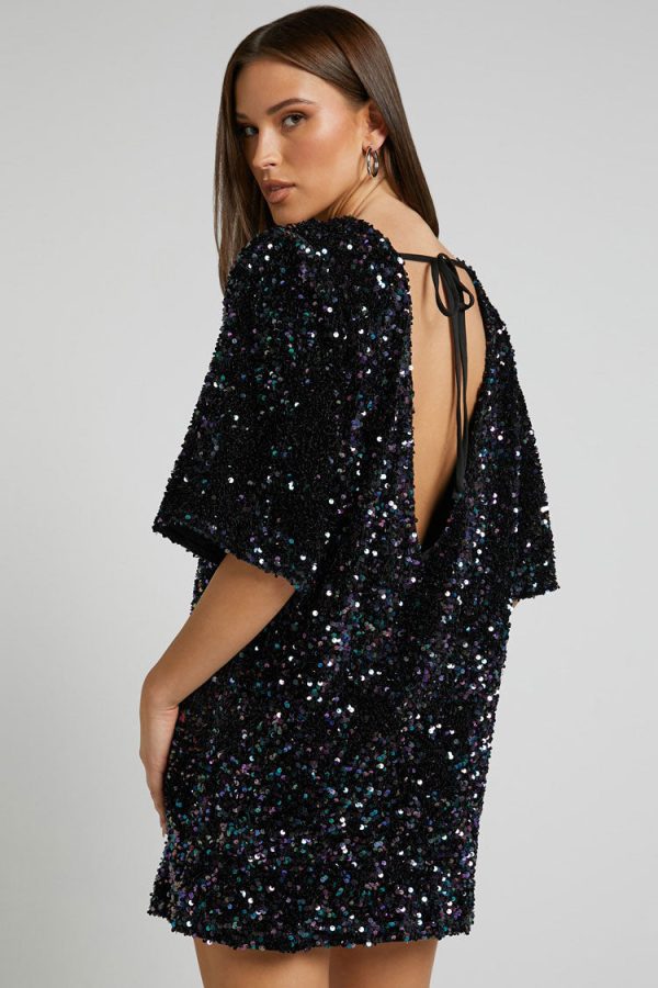 Sparkly Sequin Crew Neck Short Sleeve Oversized Velvet Party Mini Dress - Black Sparkly Sequin Crew Neck Short Sleeve Oversized Velvet Party Mini Dress - Black