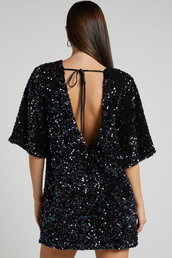 Sparkly Sequin Crew Neck Short Sleeve Oversized Velvet Party Mini Dress - Black Sparkly Sequin Crew Neck Short Sleeve Oversized Velvet Party Mini Dress - Black