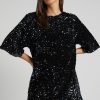 Sparkly Sequin Crew Neck Short Sleeve Oversized Velvet Party Mini Dress - Black Sparkly Sequin Crew Neck Short Sleeve Oversized Velvet Party Mini Dress - Black