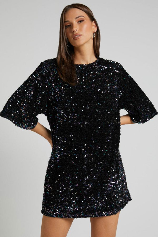 Sparkly Sequin Crew Neck Short Sleeve Oversized Velvet Party Mini Dress - Black Sparkly Sequin Crew Neck Short Sleeve Oversized Velvet Party Mini Dress - Black