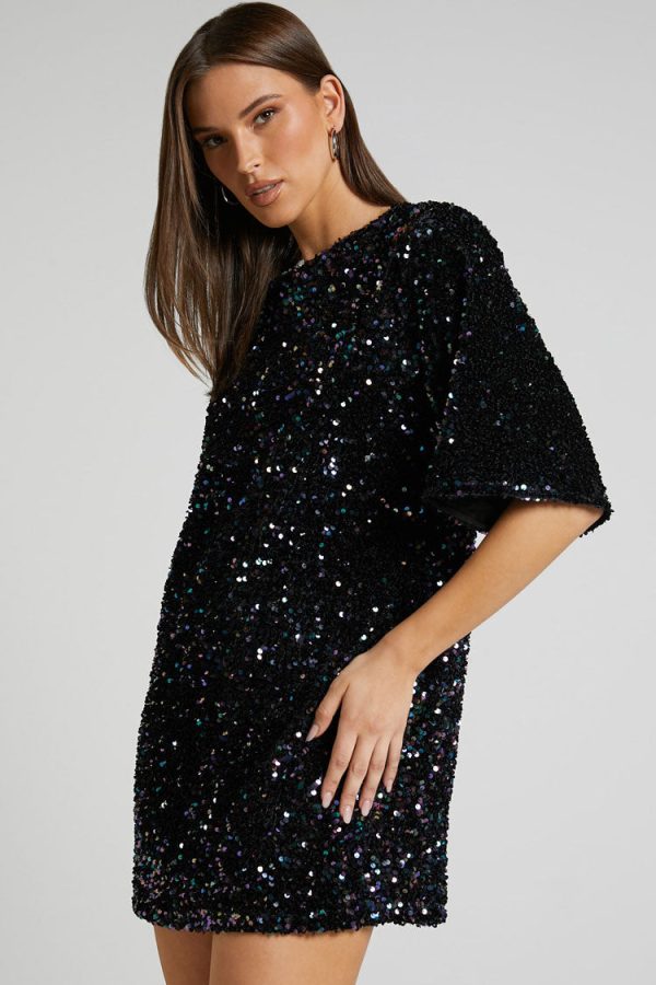 Sparkly Sequin Crew Neck Short Sleeve Oversized Velvet Party Mini Dress - Black Sparkly Sequin Crew Neck Short Sleeve Oversized Velvet Party Mini Dress - Black