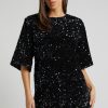 Sparkly Sequin Crew Neck Short Sleeve Oversized Velvet Party Mini Dress - Black Sparkly Sequin Crew Neck Short Sleeve Oversized Velvet Party Mini Dress - Black