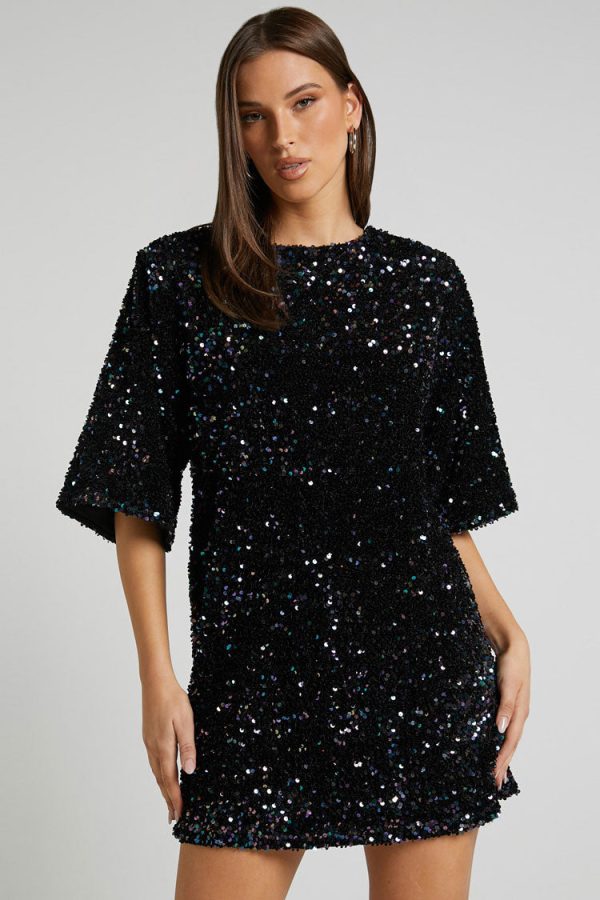 Sparkly Sequin Crew Neck Short Sleeve Oversized Velvet Party Mini Dress - Black Sparkly Sequin Crew Neck Short Sleeve Oversized Velvet Party Mini Dress - Black