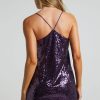 Sparkly V Neck Spaghetti Strap A Line Sequin Party Mini Dress - Purple