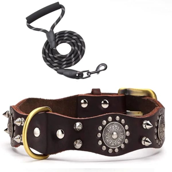 Spiked Studded Dog Collar with Traction Rope Adjustable Fit