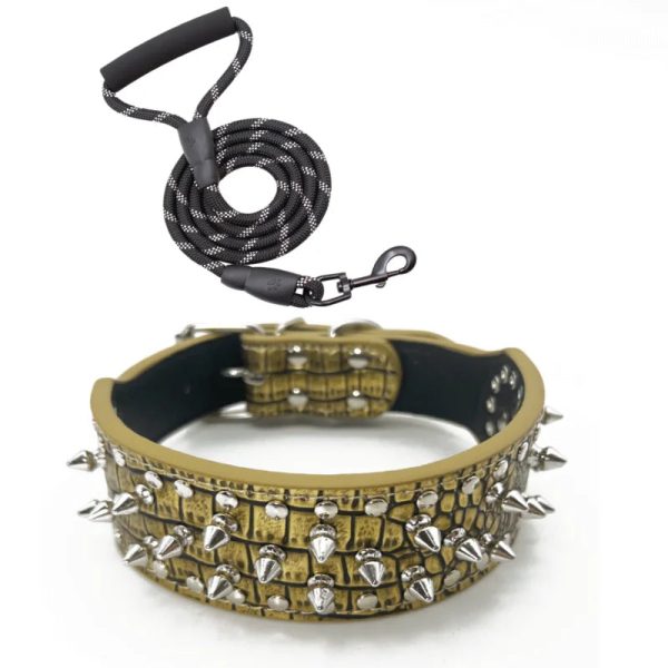 Spiked Studded Dog Collar with Traction Rope Adjustable Fit