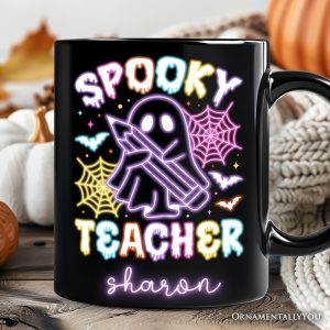 Spooky Teacher Neon Ghost Personalized Mug, Retro Halloween Gift with Custom Name for Educators