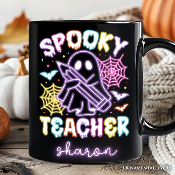Spooky Teacher Neon Ghost Personalized Mug, Retro Halloween Gift with Custom Name for Educators Spooky Teacher Neon Ghost Personalized Mug, Retro Halloween Gift with Custom Name for Educators