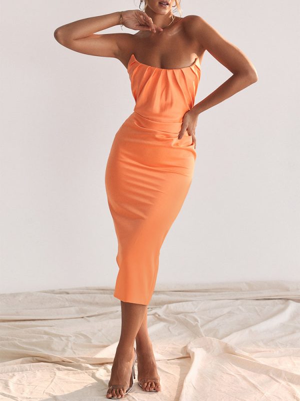 Strapless Corset Ruched Peaked Neck Midi Dress Strapless Corset Ruched Peaked Neck Midi Dress