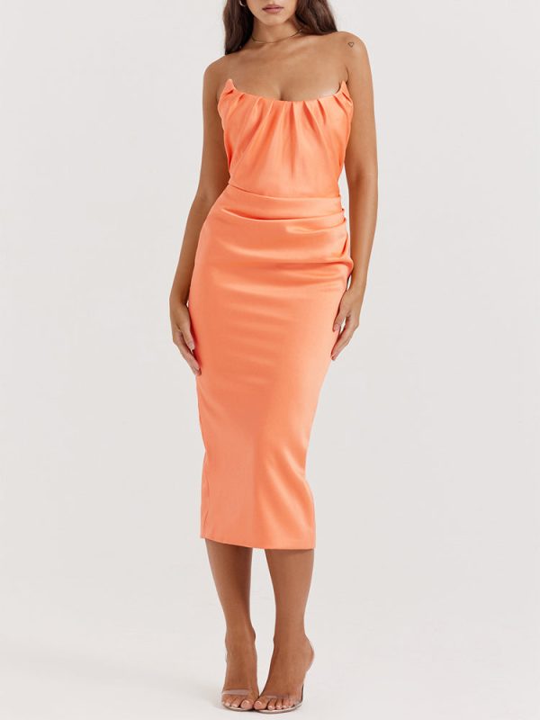 Strapless Corset Ruched Peaked Neck Midi Dress Strapless Corset Ruched Peaked Neck Midi Dress