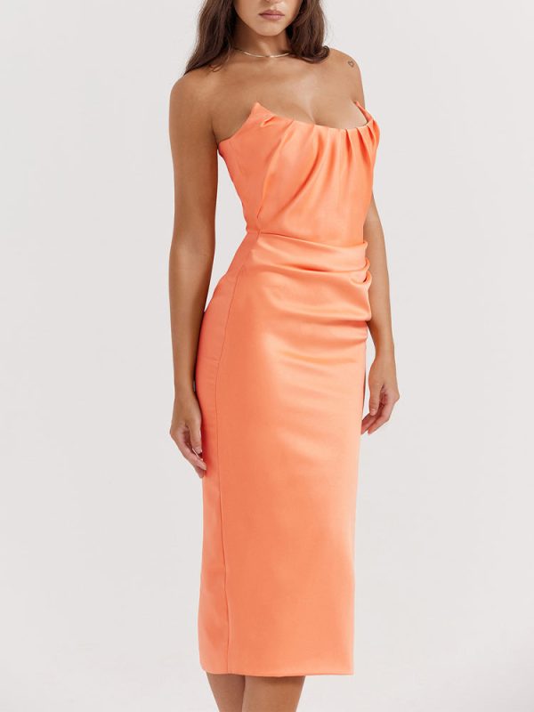 Strapless Corset Ruched Peaked Neck Midi Dress Strapless Corset Ruched Peaked Neck Midi Dress