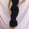 Strapless Feather Trim Midi Prom Black Dress Strapless Feather Trim Midi Prom Black Dress