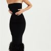 Strapless Feather Trim Midi Prom Black Dress Strapless Feather Trim Midi Prom Black Dress