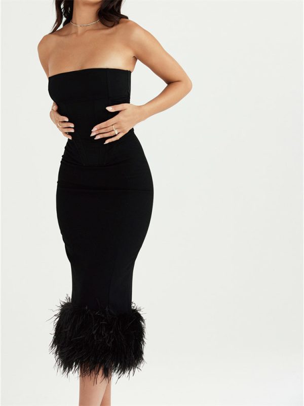 Strapless Feather Trim Midi Prom Black Dress Strapless Feather Trim Midi Prom Black Dress