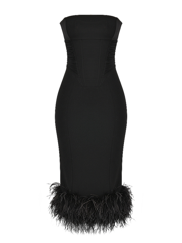Strapless Feather Trim Midi Prom Black Dress Strapless Feather Trim Midi Prom Black Dress