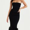 Strapless Feather Trim Midi Prom Black Dress Strapless Feather Trim Midi Prom Black Dress