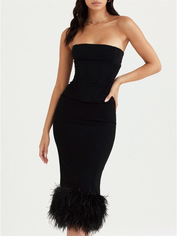 Strapless Feather Trim Midi Prom Black Dress Strapless Feather Trim Midi Prom Black Dress