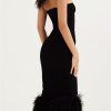Strapless Feather Trim Midi Prom Black Dress Strapless Feather Trim Midi Prom Black Dress